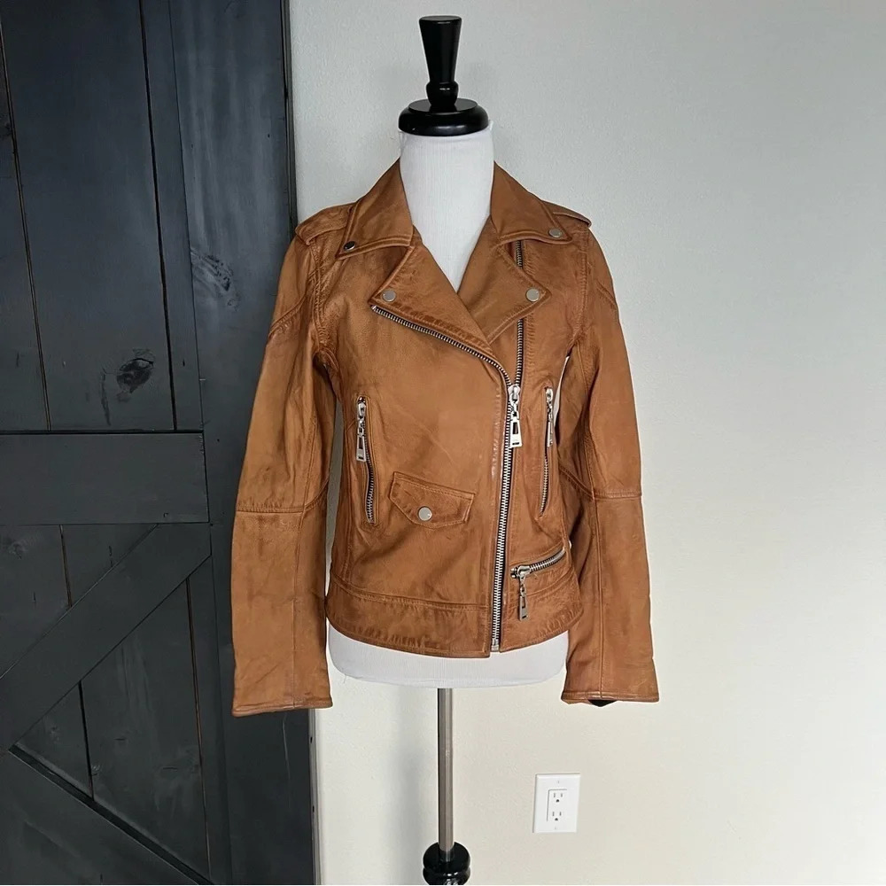 NWOT DOMA Leather Moto Biker Jacket Almond Brown Casual Women’s Small
